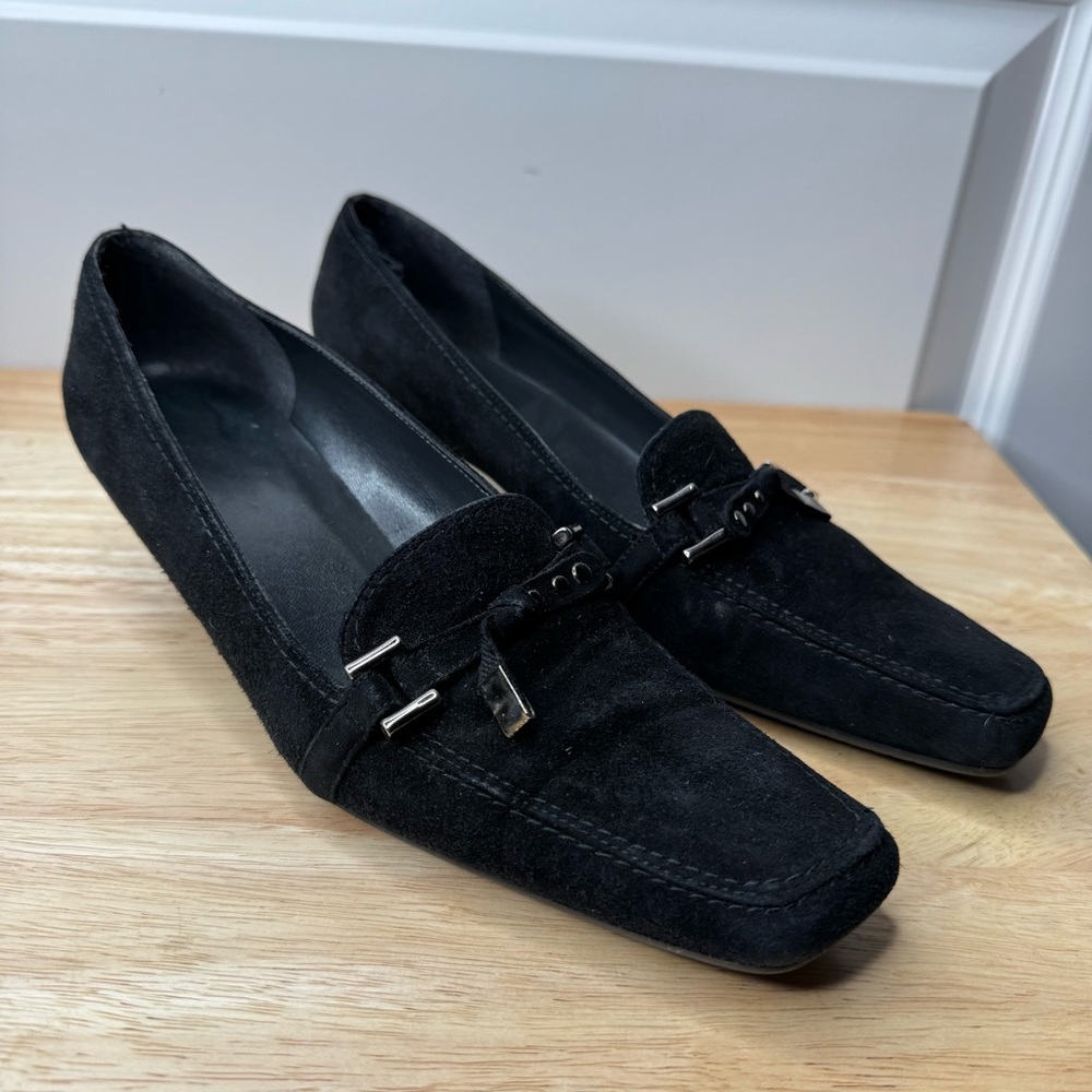 90s Stuart Weitzman Black Square Toe Tassel Kitten Heel Sz 7N